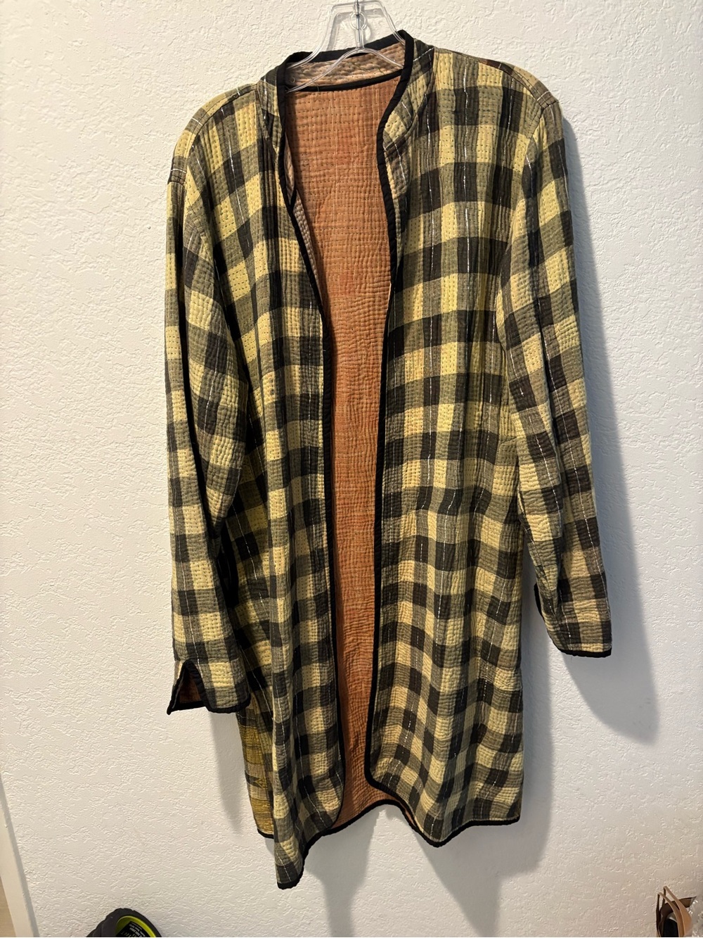 Anthropologie Yellow and Black Plaid Open Coat